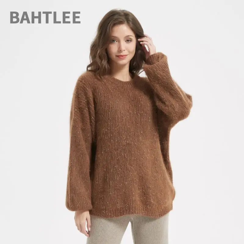 BAHTLEE-Women's Alpaca Wool Sweater, Long Sleeves, O-Neck, Knitted, Jacquard, Loose, Superfine, Winter