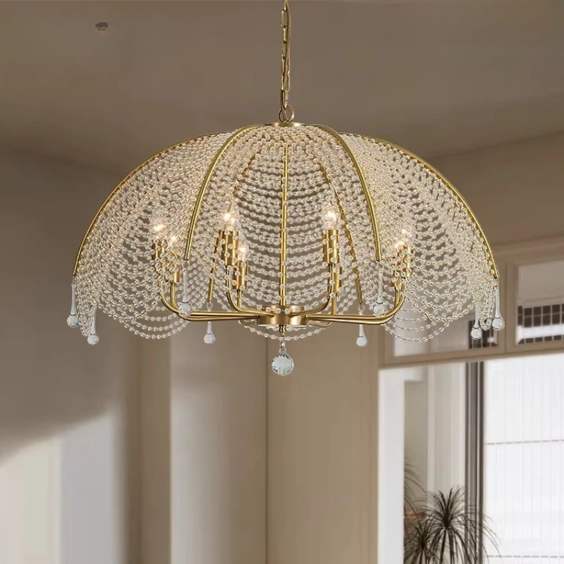 

French Luxury All Copper LED Pendant Lights Crystal Pearl Hanging Lamps Living Room Bedroom Restaurant Kitchen Candle Chandelier