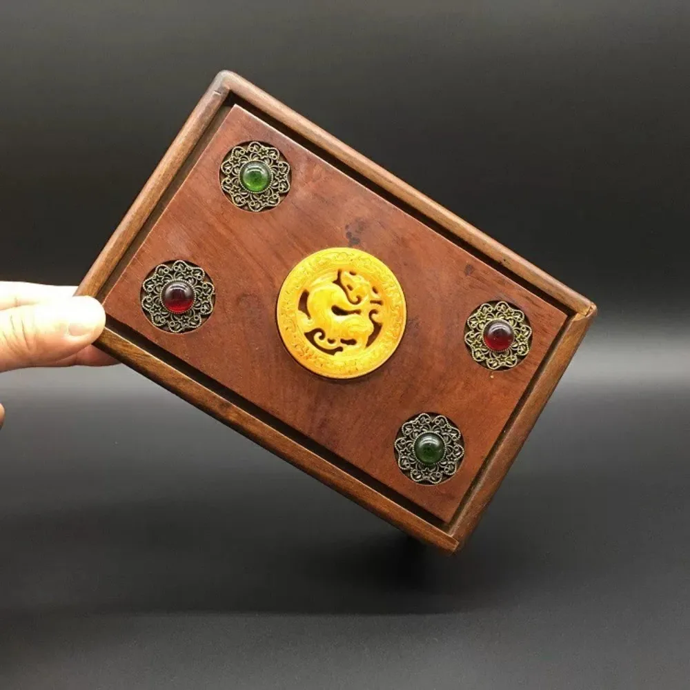 Antique Wooden Inlaid Jade Pendant Box with Mechanism Jewelry Storage Organizer Small Treasure Box Home Gift