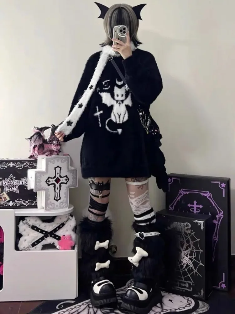 Deeptown Kawaii Gothic Mohair Sweaters Women Y2k Harajuku Black Knitted Pullovers Anime Japanese Style Jumpers Oversized Goth