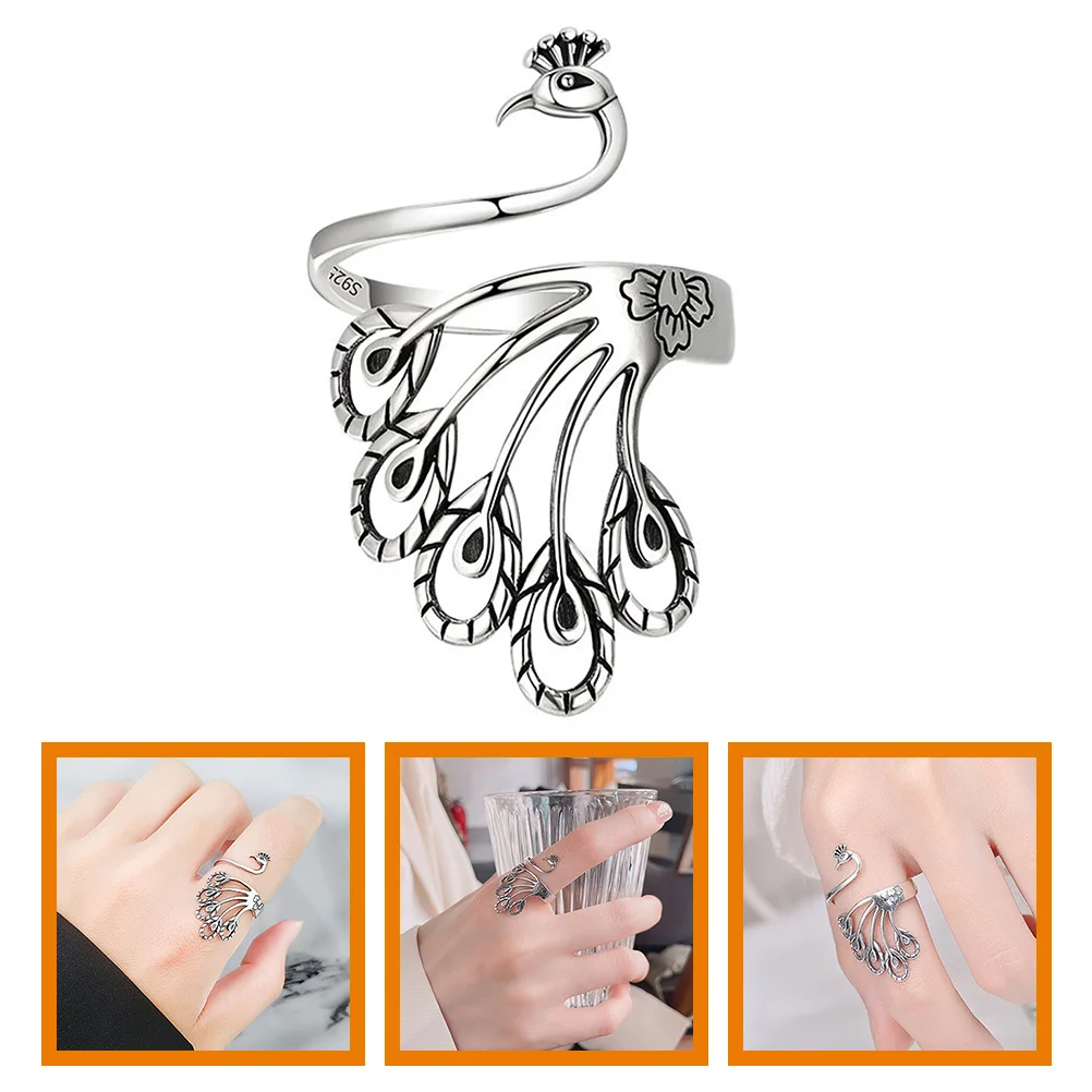 

Peacock Wide Face Ring Female Ethnic Style Thai Silver Old Jewelry for Women Crochet Copper