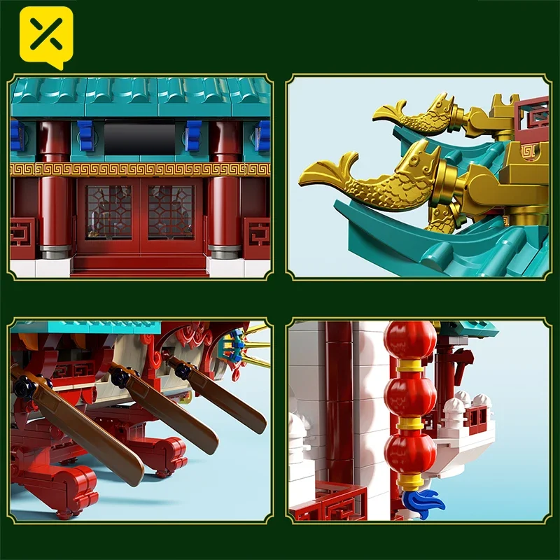 2453PCS Chinese Style Dragon Boat Building Blocks Traditional Architecture Bricks Collectible Decorative Model Toy 3D Puzzle Kit