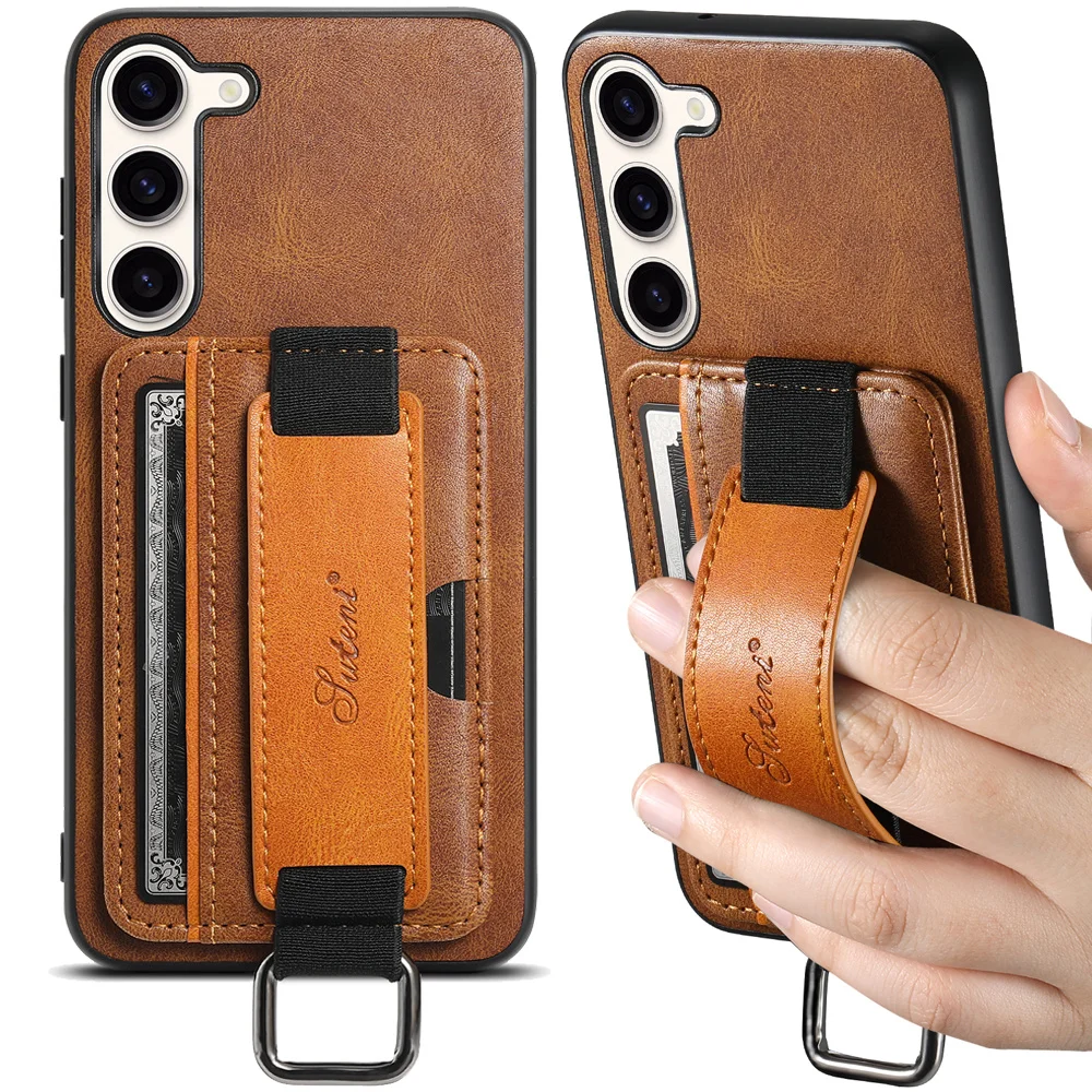 

SUTENI Luxury Wristband Grip Case for Galaxy S24 Ultra S23 S22 A13 A14 A24 A34 A53 A54 Note 20 Card Holder Premium Leather Case