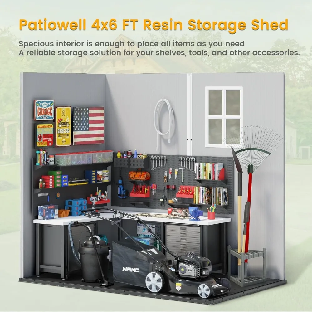 سقيفة تخزين خارجية من الراتنج مقاس 4 × 6 أقدام مع أرضية، سقيفة أدوات بلاستيكية مع نافذة، باب قابل للقفل لتنظيم الفناء الخلفي