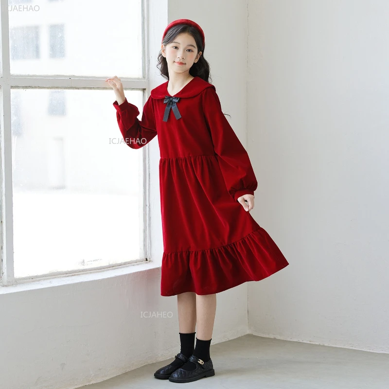 

Бархатное праздничное платье для девочек в корейском стиле, детское платье принцессы с длинными рукавами и бантом, пышные платья, костюм на свадьбу, день рождения, официальный костюм