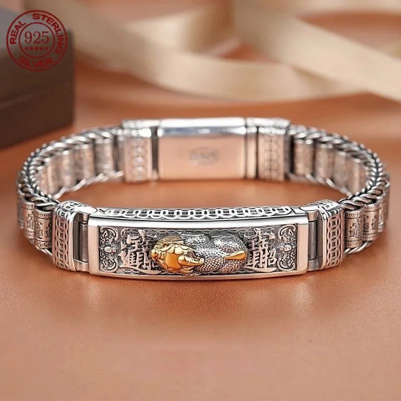 

100% Real Solid S925 Silver Retro Lucky Six-Character Mantra Man Bracelet Thick Style Domineering Trend Personality Jewelry