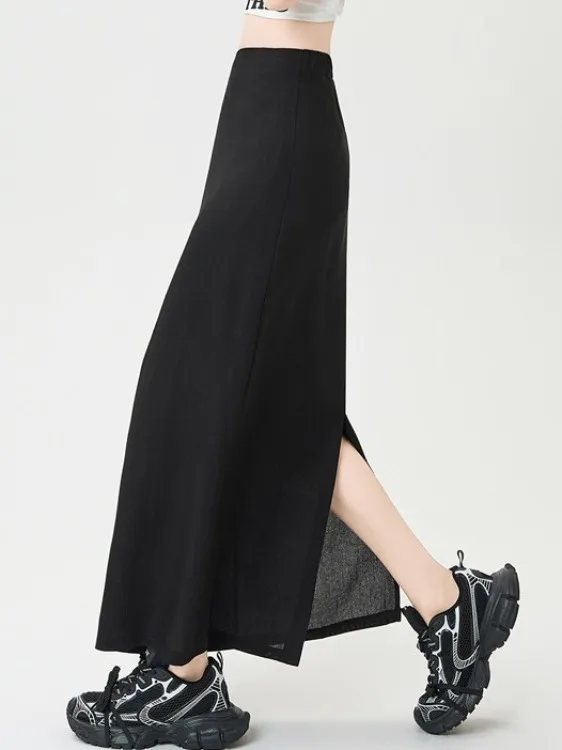High Waist Ice Silk Cotton Linen A-Line Midi Skirt Women's Summer New Style Straight Cut Wrap around Skirt Posterior Slit
