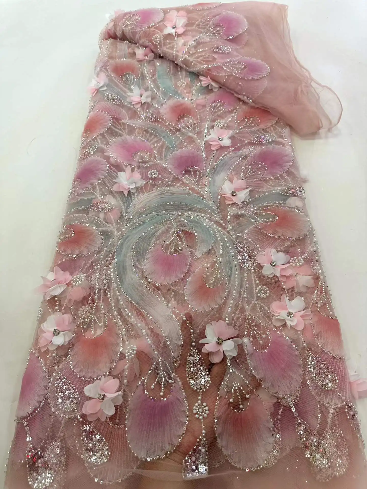 

3D Flower African Beaded Lace Fabric 5 Yards France Nigeria Sequins Mesh Tulle Lace Fabric for Wedding Party Evening Gowns