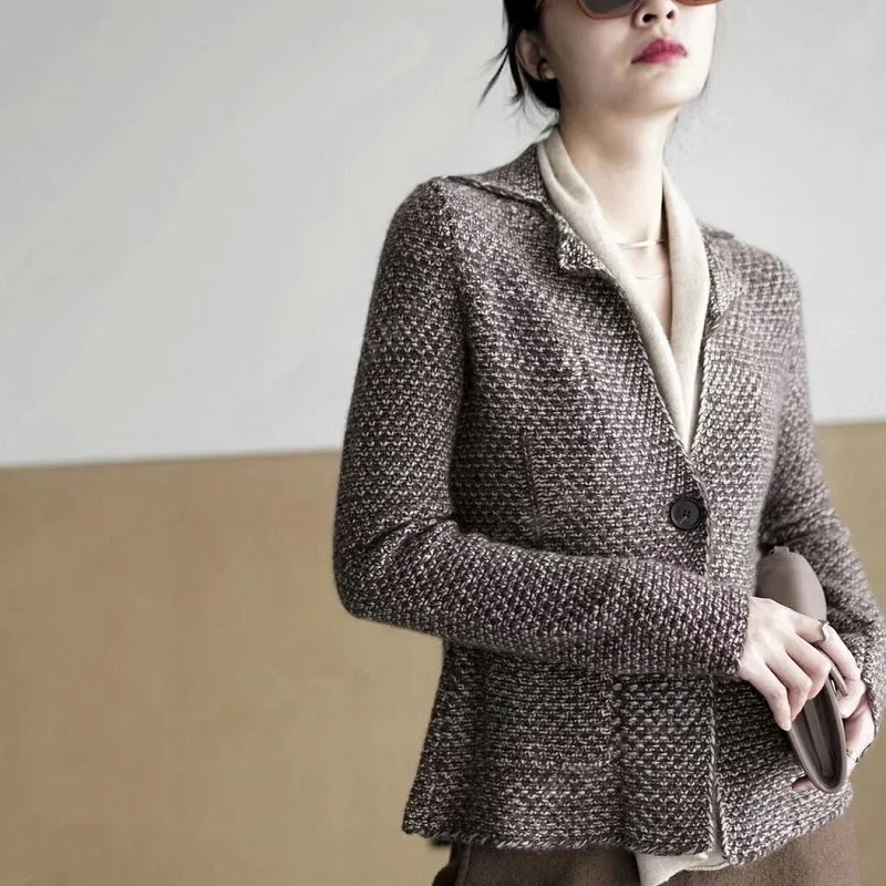 Autumn Winter 100% Cashmere Wool Women Sweater Tailored Collar Fake Two Piece Knit Cardigan French Luxury Casual Soft Suit Tops