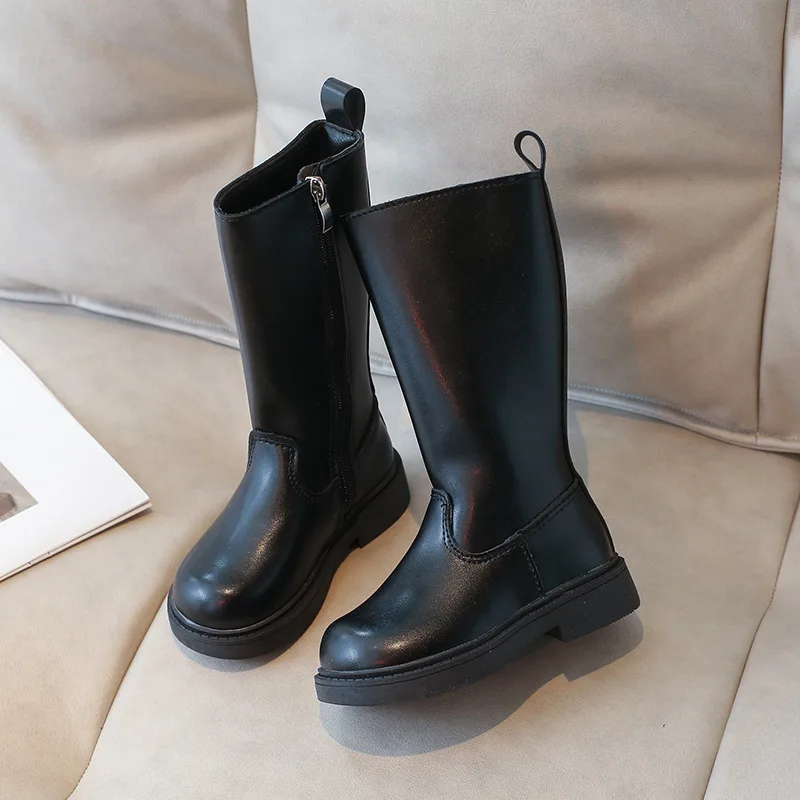 

Childrens Winter New Leather Boots Girls Warm Solid Color Casual Knight Boots Womans High Top Thin Fleece Side Zipper Kids Shoes
