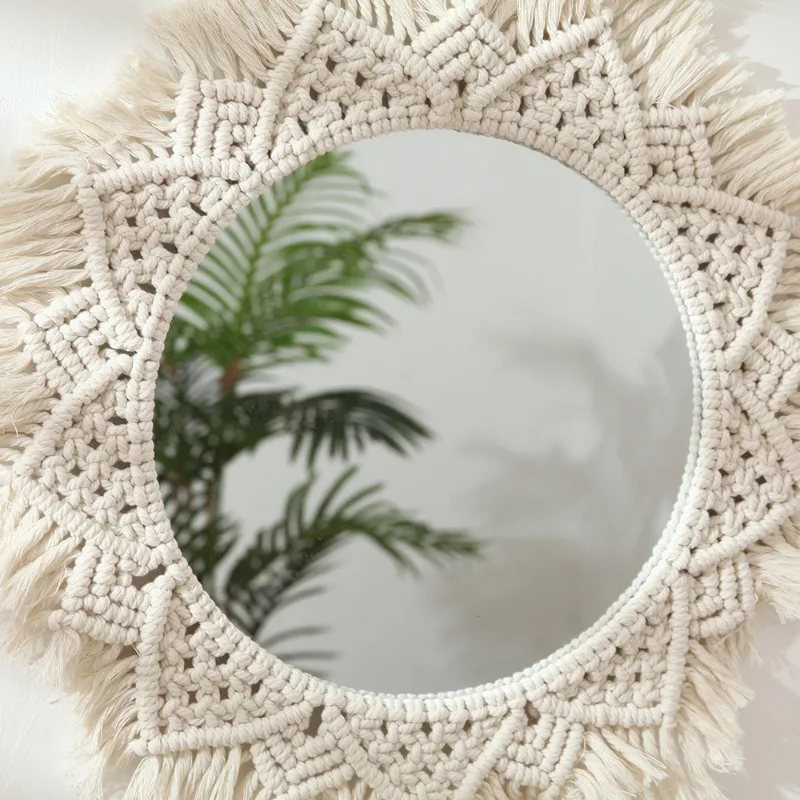 Boho Macrame Woven Round Mirror Large Size Structure Wall Hang Application Bedroom Living Room Basic Home Aesthetic Ornament