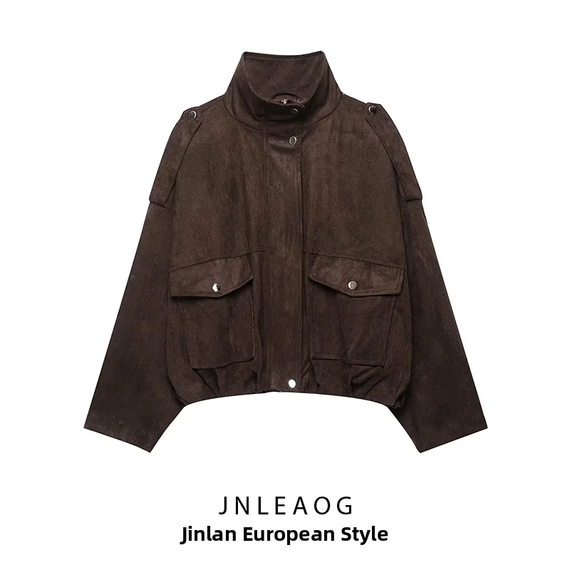 JNLEAOG Summer New Fashion High Collar Velvet Short Jacket Women's Clothing Polyester Fabric Zipper Closure Versatile Style