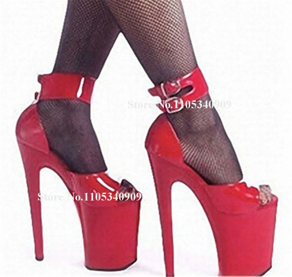 Bondarenko Sexy Red Black Patent Leather Stiletto Heel Pumps Peep Toe Ankle Straps Wrapped Thin Heel 20cm Dance Shoes