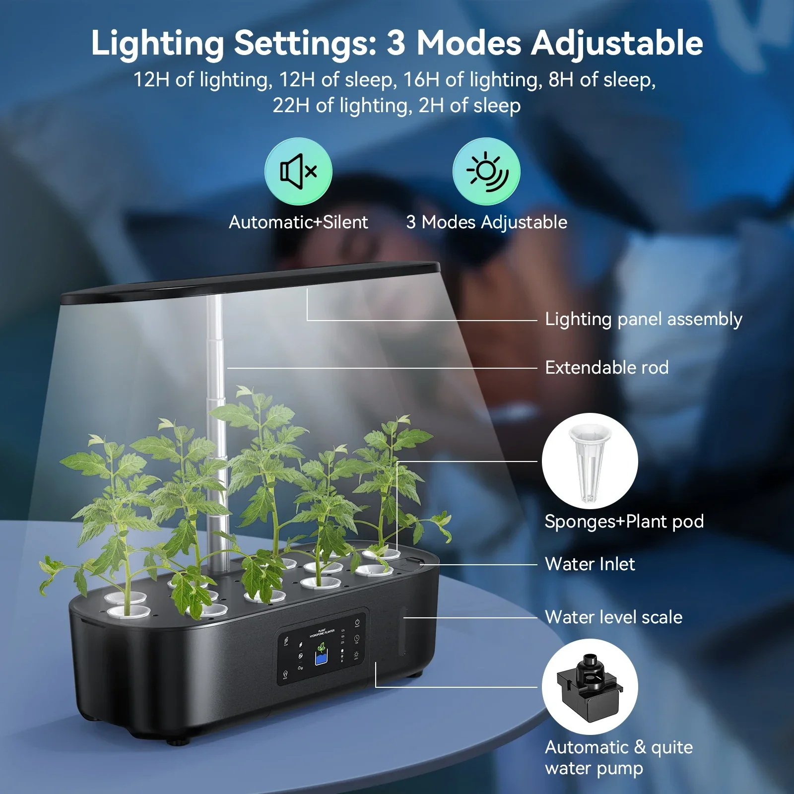 

New13 Pods Plant Hydroponics System Growing Indoor Garden Automatic Timer With Display Water Pump Touch Controlled PVC