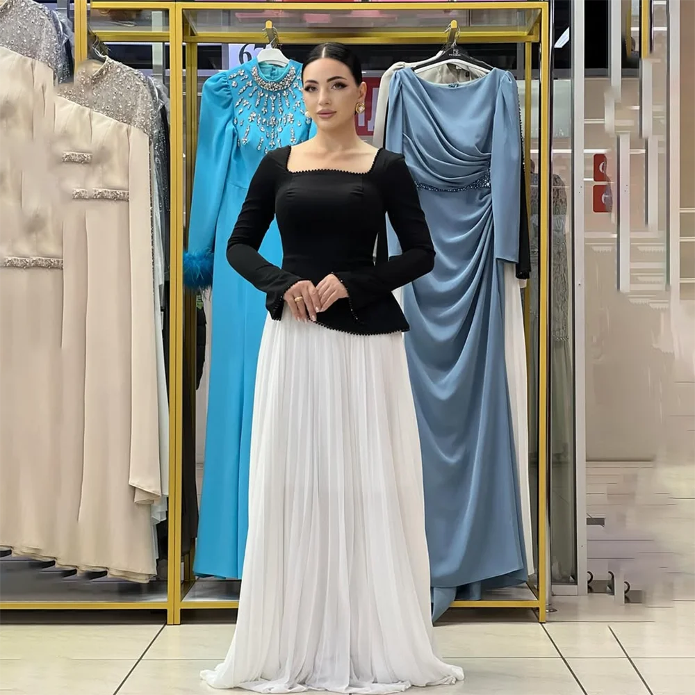 

Modern Evening Dress for Women Square Neck Long Sleeves A Line Long Evening Gowns Black and White Elegant Prom Dress Customized