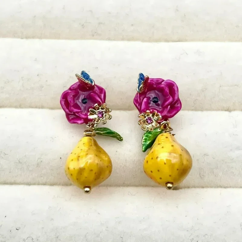 

New Fashion Classic Jewelry Handmade Enamel Fuchsia Poppy Flowers Crisp Pear Blue Butterfly Stud Earrings Ear Clips for Women