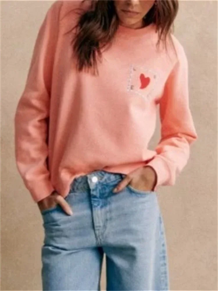 Women's Sweatshirt 2024 New Spring Pattern Letter Embroidery Round-Neck Solid Color Loose Casual Long Sleeve Pullover