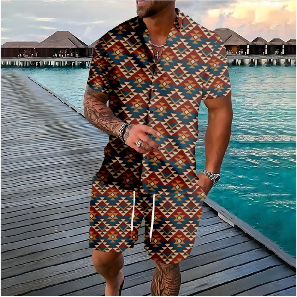 Hawaiian Vacation Style Aztec Elements Button Shirts Shorts Colors Geometry Sets Streetwear Tracksuit Casual Beach Men Clothing