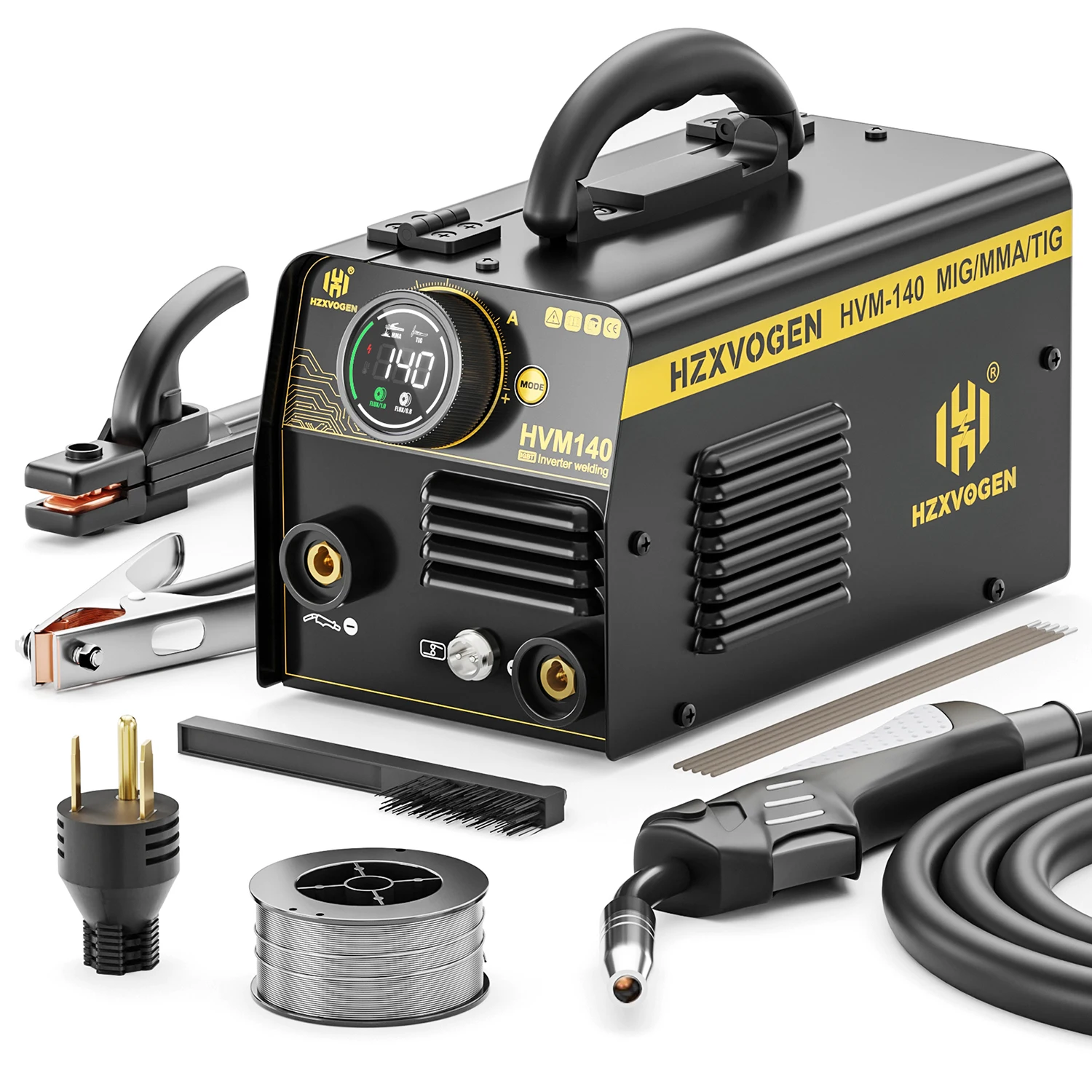HZXVOGEN 3 in 1 MIG Welder MMA/Flux Cored MIG/Lift TIG Synergy Control Knob Screen Gasless Welding Machine 110V/220V HVM140 Ferramentas Eletricista