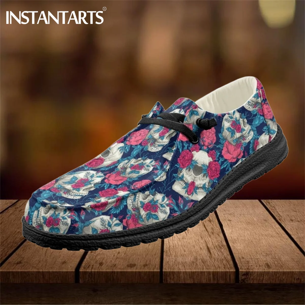 

INSTANTARTS Gothic Floral Skull Design Women Flats Lightweight Lace-up Sneakers Men's Casual Shoes Breathable Walking Footwear