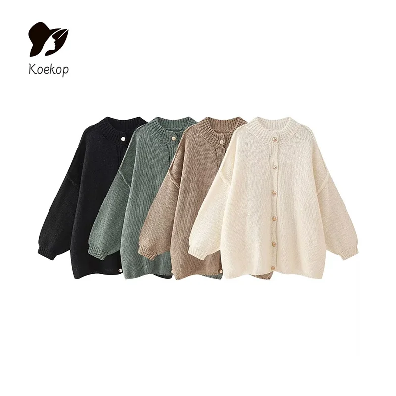 Koekop Women\'s Fashion Solid Color Metal Button Decoration Sweater Top Vintage Casual Knit Chic Lady Cardigan Sweater