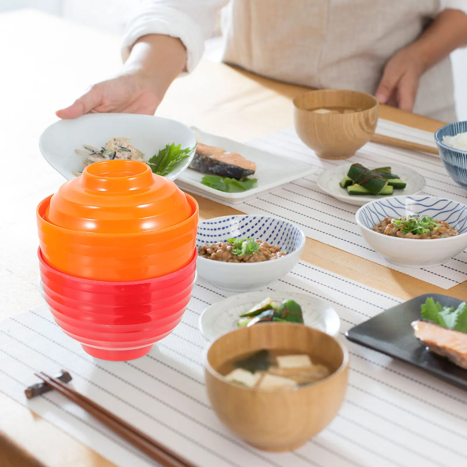 

3pcs Soup Bowls Lid Japanese Style Melamine Material Smooth Surface Kitchen Dishes Suitable for Soup Rice Noodles Stew Keeps