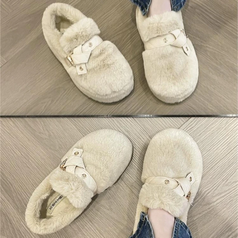 2024 Luxury Fluffy Fur Loafers Women Winter Warm Plush Furry Flat Shoes Designer Peals Indoor Home Footwear Cozy Moccasin Flats