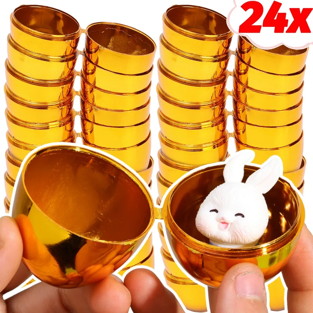 24/6PCS Easter Eggs Egg Fillable Plastic Empty Shell Easter Golden DIY Simulated Eggshell Easter Surprise Toys Party Decorations