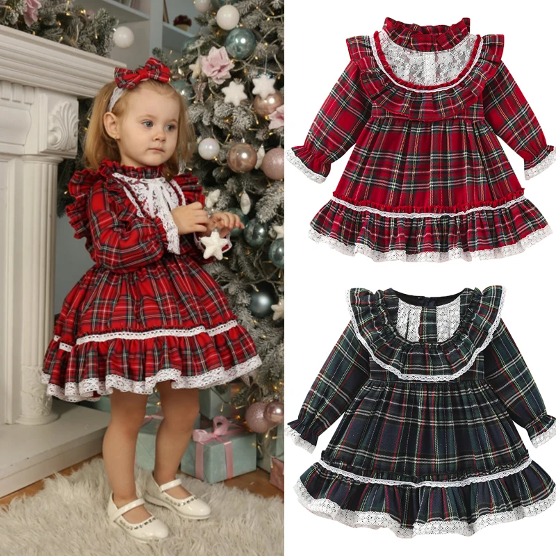 Christmas Red Dress For Girls Plaid Bow Trim Ruffle Plaid Party Princess Costumes Children New Year Xmas Costumes