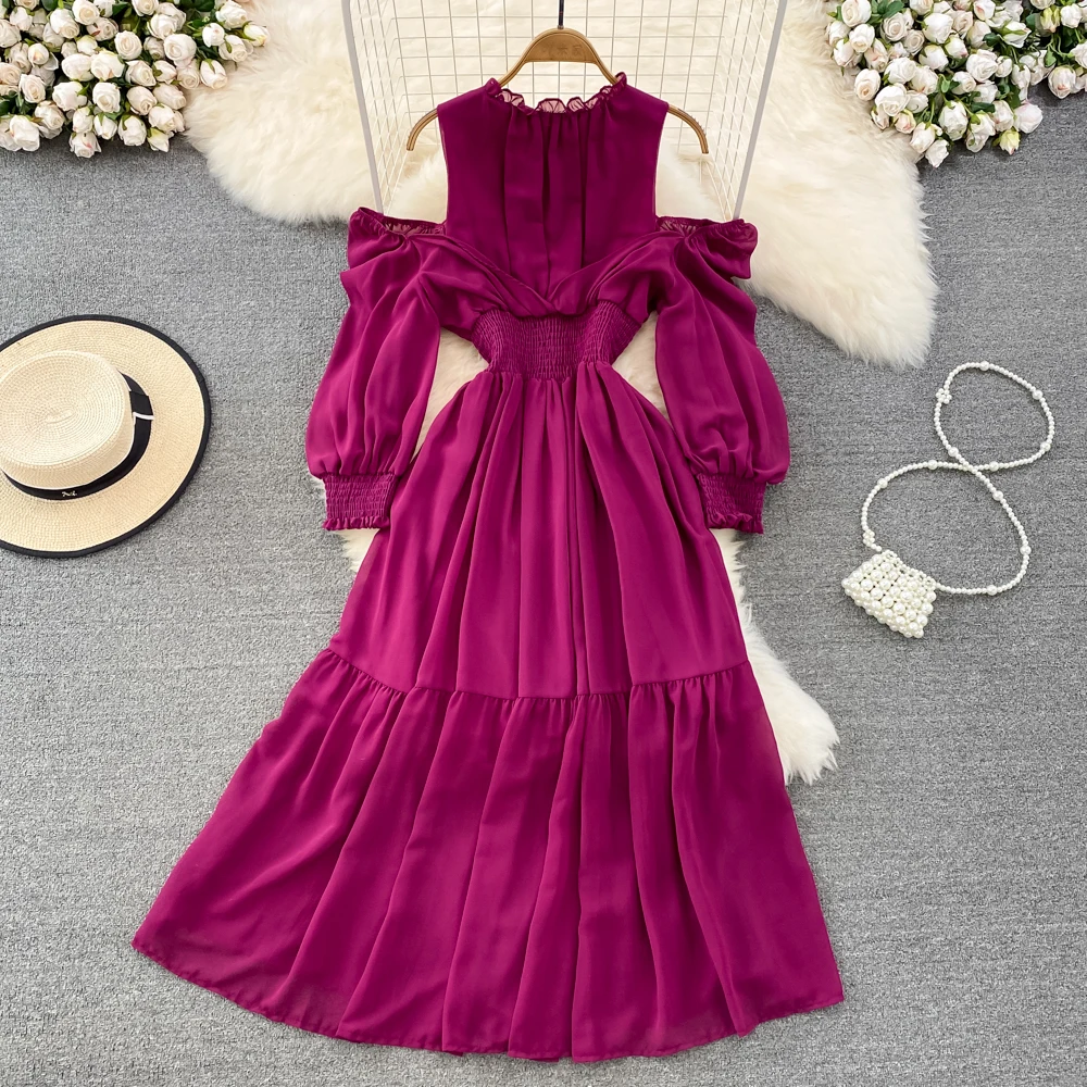 

Spring and Autumn Style Fake Two Pieces Round Neck Off Shoulder Waist Slim A-line Dress Elegant Large Swing Long Dress