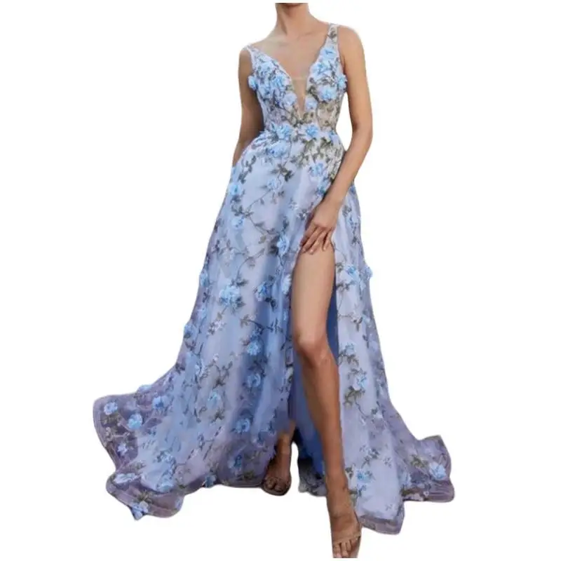 Vestido Boho com decote em V feminino, fenda frontal sexy, Vestidos de verão, Vestido de noite formal, Flor 3D, Ocasião de festa, 2021