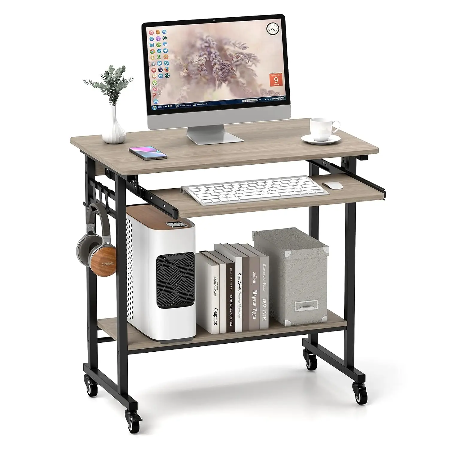 Rolling Computer Desk with Keyboard Tray, Mobile Laptop Desk with CPU Stand & 3 Hooks for Sofa & Bed, Compact Desk  Customized
