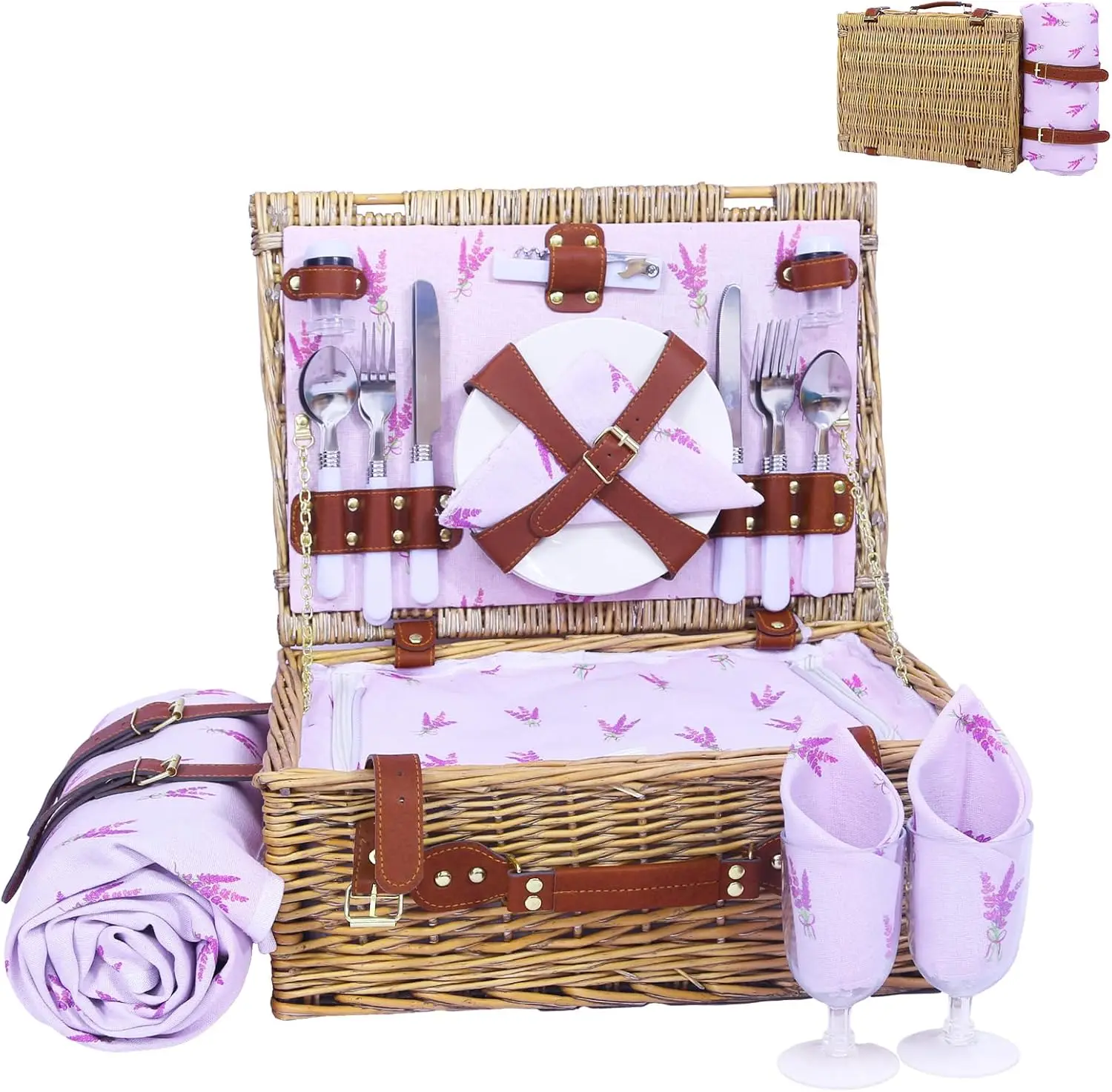 سلة نزهة من الخيزران تتسع لـ 4 مع مبرد معزول وبطانية مقاومة للماء - سلة نزهة صفصاف كبيرة للأماكن الخارجية والتخييم