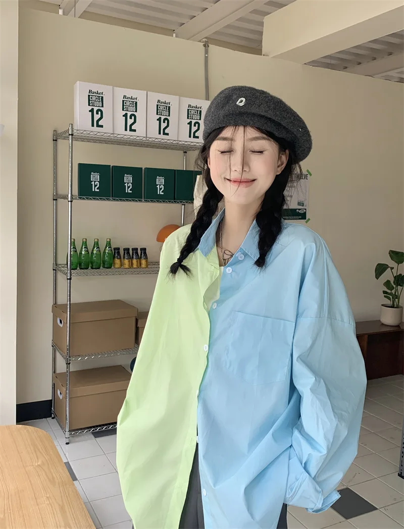 Two-tone Shirt Button Down Long Sleeve Collared Oversized Shirt Women Tops Spring Summer Teengirl Y2K Outfit