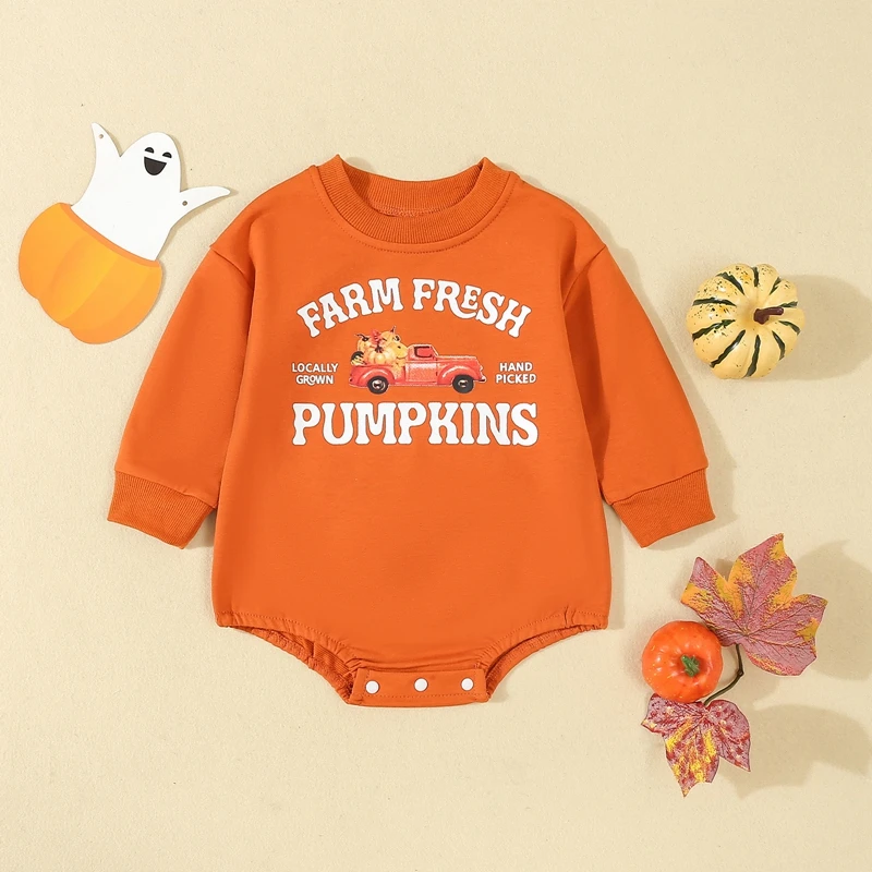 

Suefunskry Baby Halloween Fall Sweatshirt Romper Letter/Pumpkin Print Long Sleeve Round Neck Jumpsuits