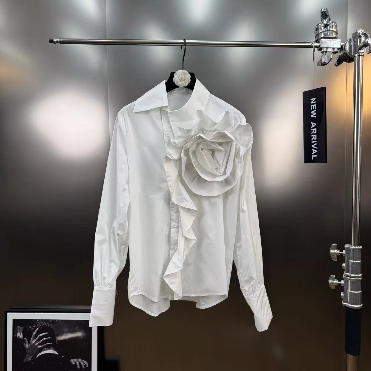 Chemise à rayures à grandes fleurs tridimensionnelles, haut élégant à volants à manches longues, Blusas florales 3D pour femmes, automne rétro