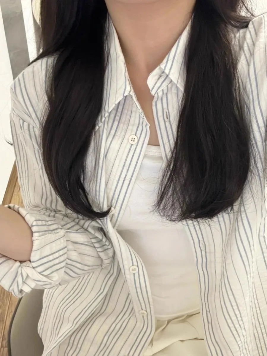 

Early Spring Commute Casual Sle Blue Striped Women's irt Korean Unique Lazy Sle Top Outerwear Pure Cotton Button Design