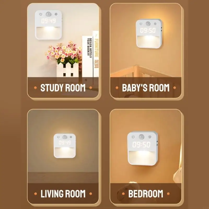 Bewegungsmelder-Nachtlicht mit Uhranzeige, 3 Farbtemperaturen, dimmbare Plug-in-Wandleuchte für Schlafzimmer, Flur, 37JD
