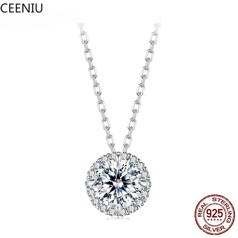 925 Sterling Silver Round Halo Moissanite Necklace, White Gold Plated Classic Elegant Necklace Engagement Jewellry Gift