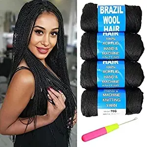 4Packs Brazilian Yarn Wool Arylic Thread for Hair+Crochet Hook African Braid Twist Warps Synthetic Fiber Hair Extension 12 Color