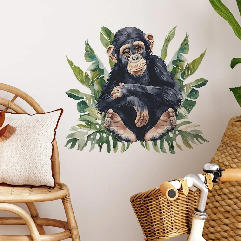 1PCS Cartoon Chimpanzee Green Plant Children's Bedroom Kindergarten Wall Background Beautification Wall Sticker PVC Material