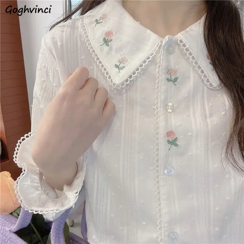 Long Sleeve Floral Shirts Women Peter Pan Collar All-match Streetwear Girl Japanese Style Basic Tender Summer Literary Seductive