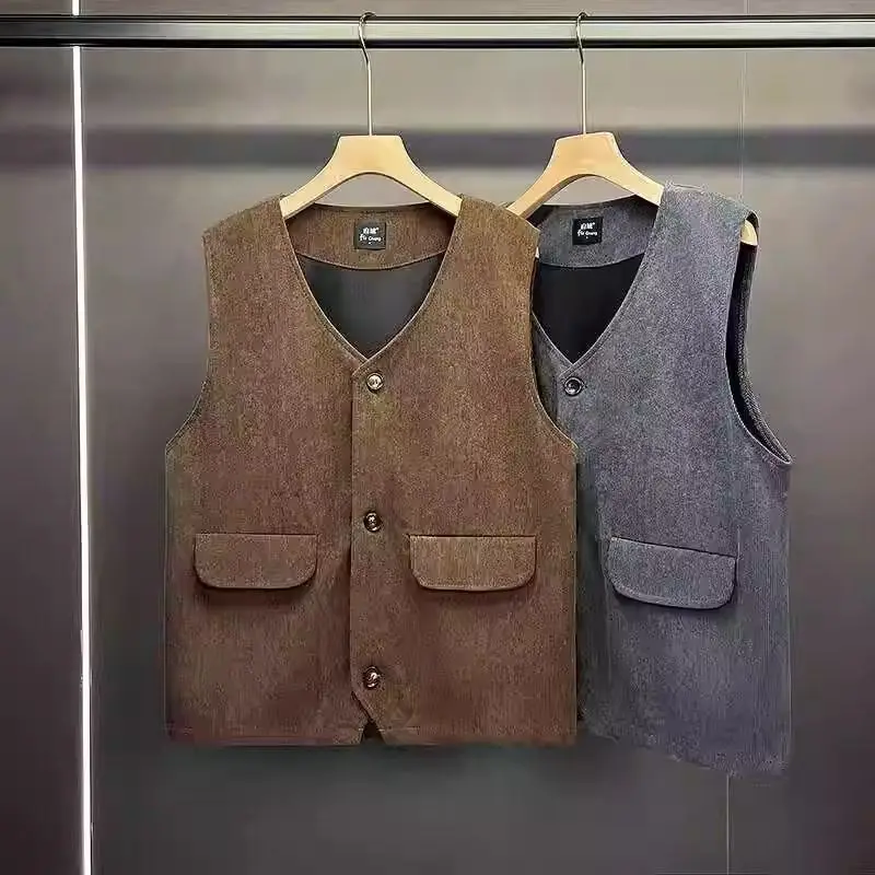 Spring Autumn Corduroy Vest Men Casual Loose Jacket Trendy Rascal Handsome Gentlemen Sleeveless Blazer Vest Coat