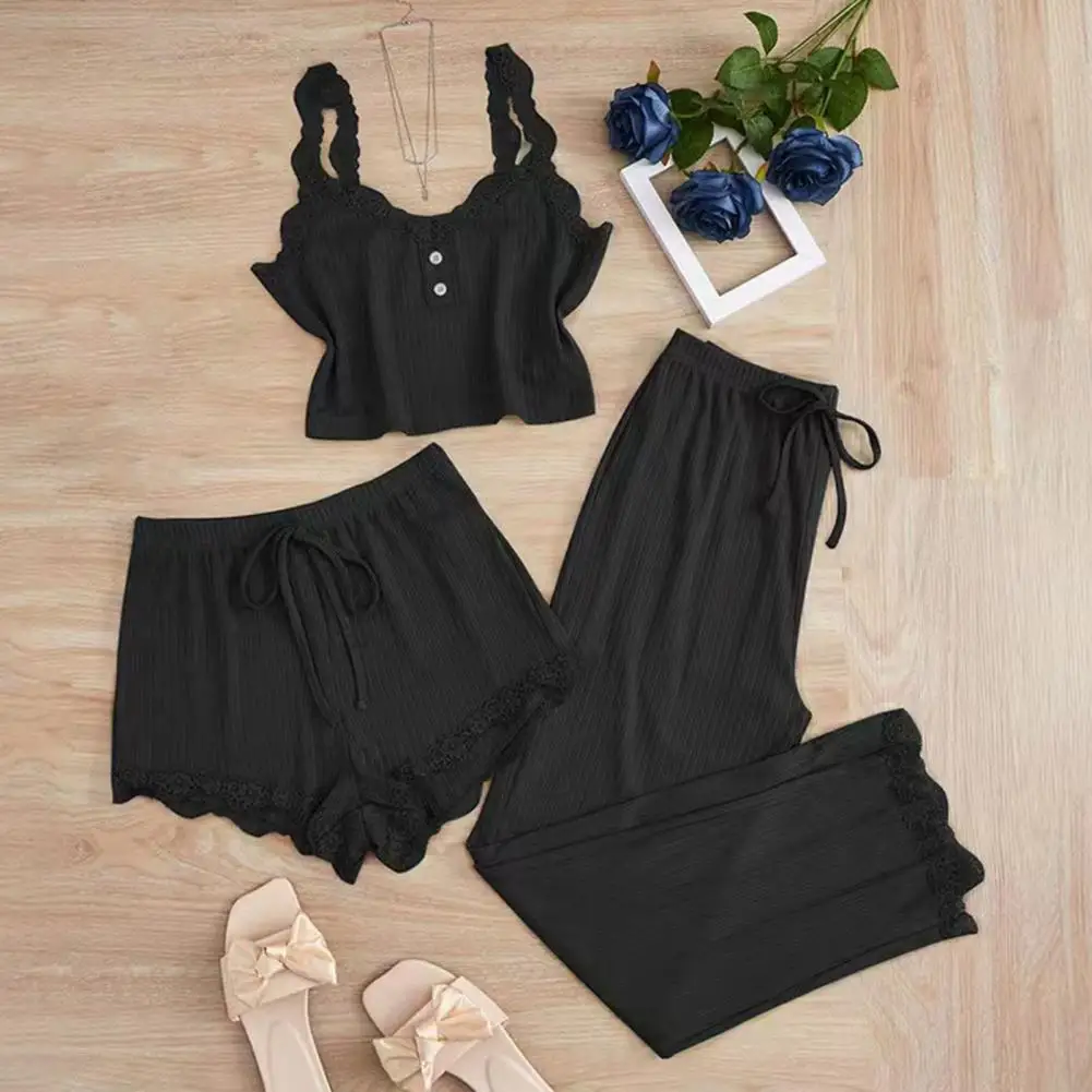 

Soft Touch Pajamas Women's Ribbed Knit Pajamas Set 3-piece Lace Trim Cami Top Soft Shorts Long Pants Lounge for Comfortable