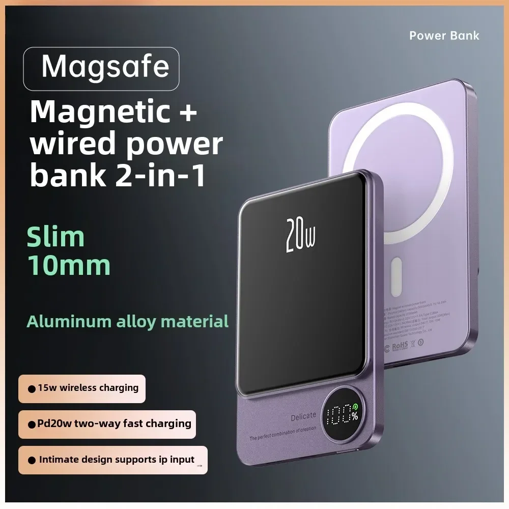 BCAK Metal Magsafe Magnetic Power Bank Fast Charge Compact Portable Mini Ultra-thin Power Bank 10000mAh Gift