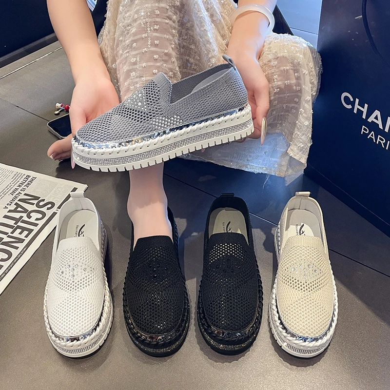 موضة الماس مزين حذاء مسطح المرأة 2025 جديد الخريف جوفاء تنفس منصة عادية أحذية بكعب منخفض Zapatillas #4