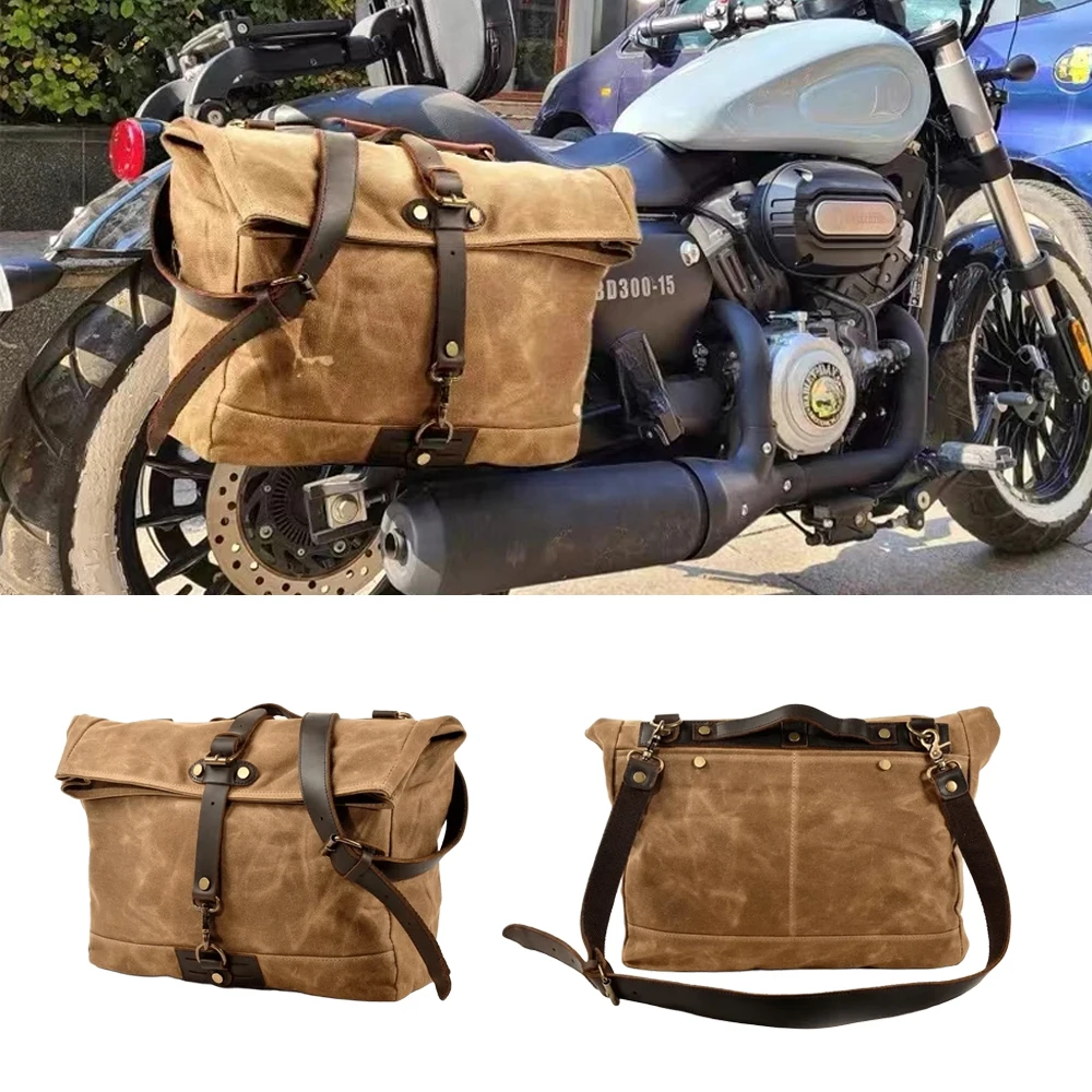 Vintage Men Motorcycle Backpack Waterproof Canvas Leather Retro Rear Seat Bag Motocross Saddlebags Biker Side Bag Brown