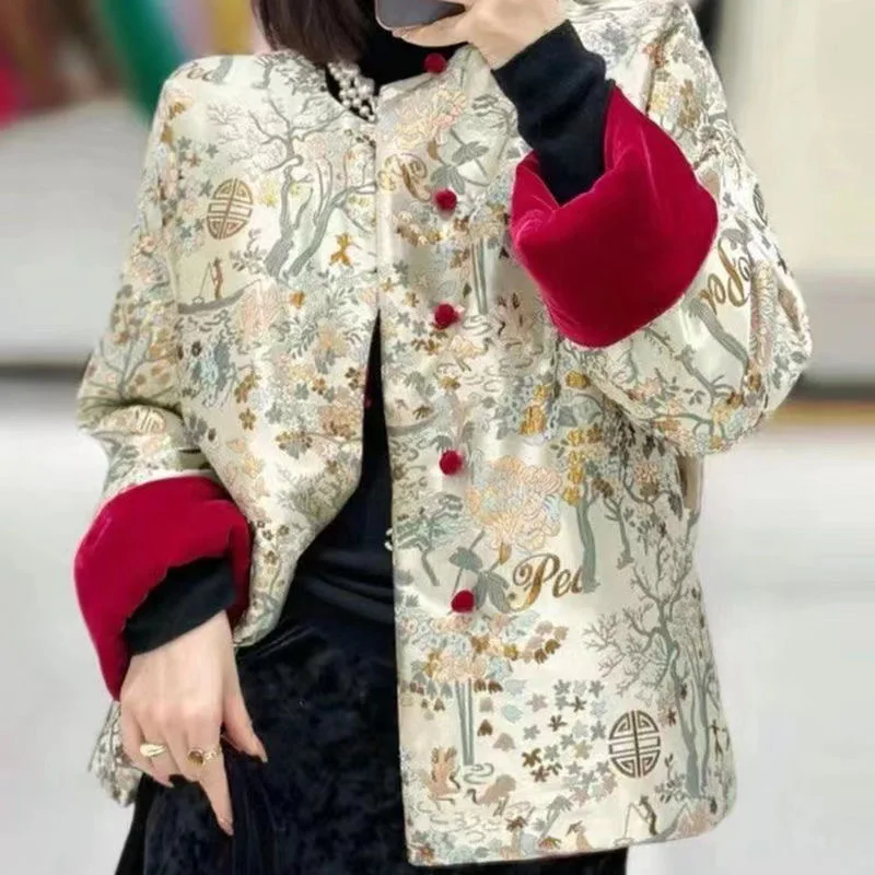 Chinesische Samt Jacke frauen Winter Neue Nähte Jacquard doppelseitige Tragen Mantel Elegante Casual Oansatz Baumwolle Oberbekleidung 2025