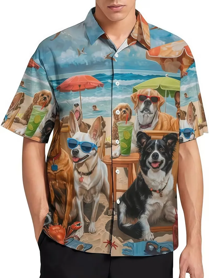

Men's Funny Beach Dogs Print Hawaiian Shirt Short Sleeve Button Down Casual Beach Shirt For Dog Lovers Vacation Aloha Shirts