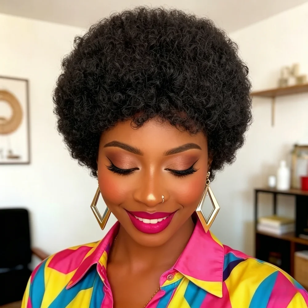 

Human Hair Afro Kinky Curly Wig with Bangs, Full Machine Made Pixie Cut Wig, Natural Black, 150% Density African American Short